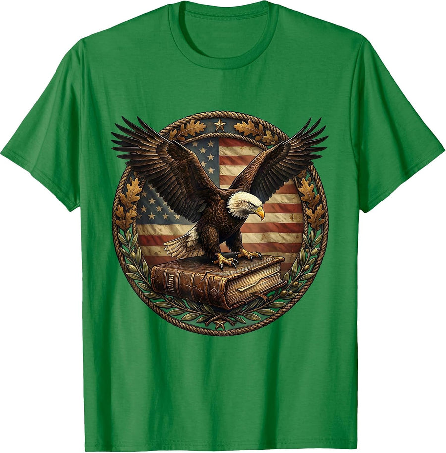 Men's Bald Eagle Perched on Bible Patriotic Graphic T-Shirt - Kelly Green