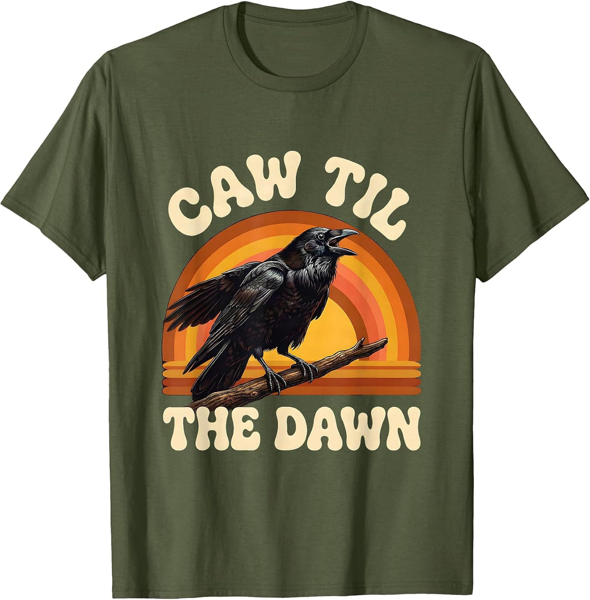 Caw Til The Dawn Crow Night Owl Design T-Shirt - Olive Green
