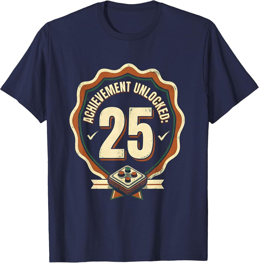 Achievement Unlocked: 25 Vintage Gamer Birthday Boy T-Shirt - Navy Blue