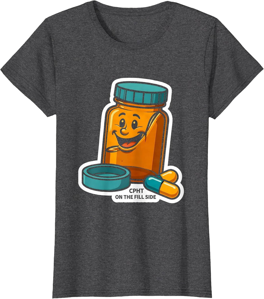 Women's CPhT On The Fill Side Cute Pharmacy Tech Humor T-Shirt - Dark Heather Grey
