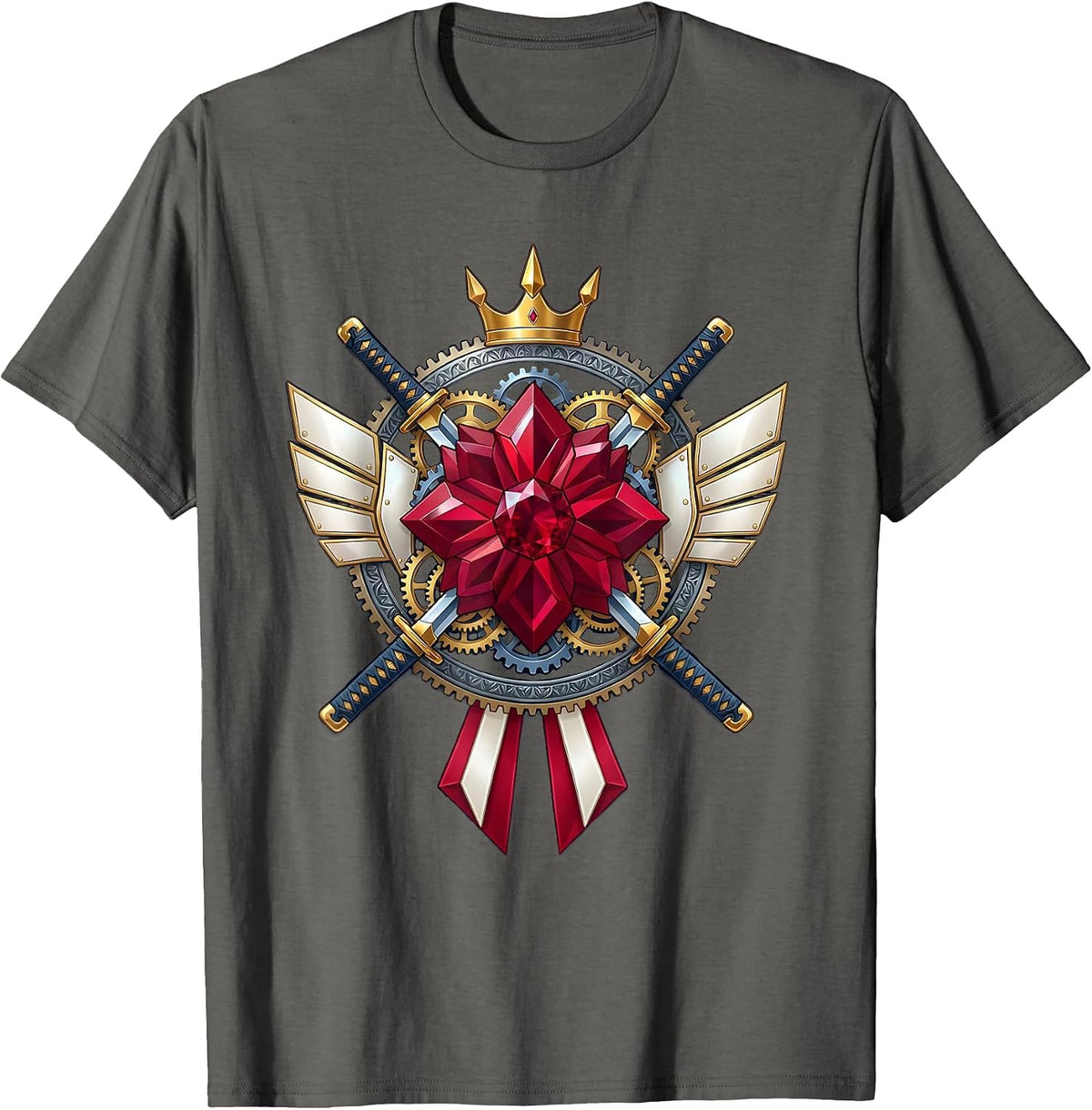 Men's Mechanical Samurai Exposed Gears Anime Art T-Shirt - Asphalt Grey