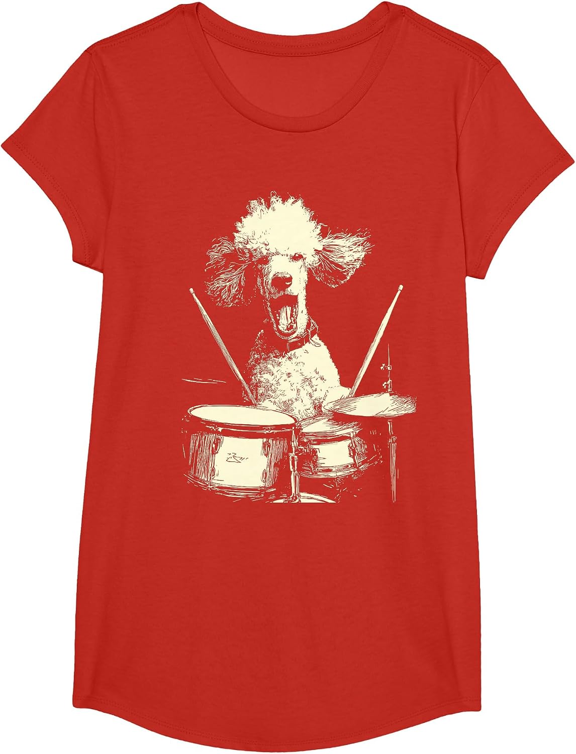 Cute Poodle Playing Drums Funny Music Dog Drummer Graphic T-Shirt - Girls Red