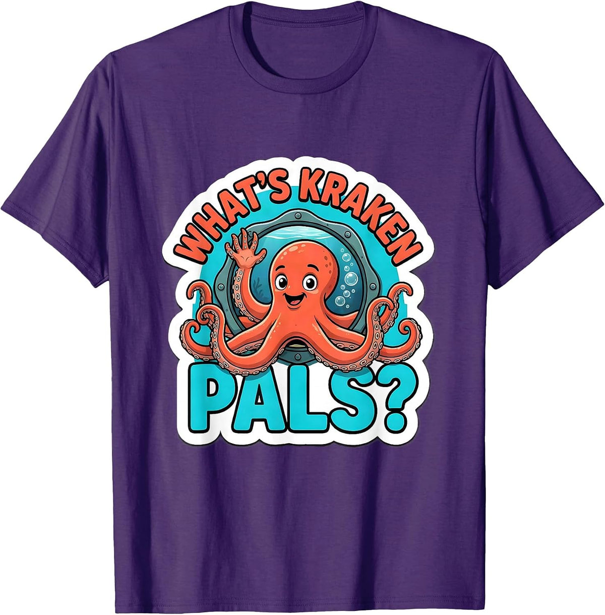 Men's What's Kraken, Pals? Funny Octopus Lover Sticker Style T-Shirt - Purple