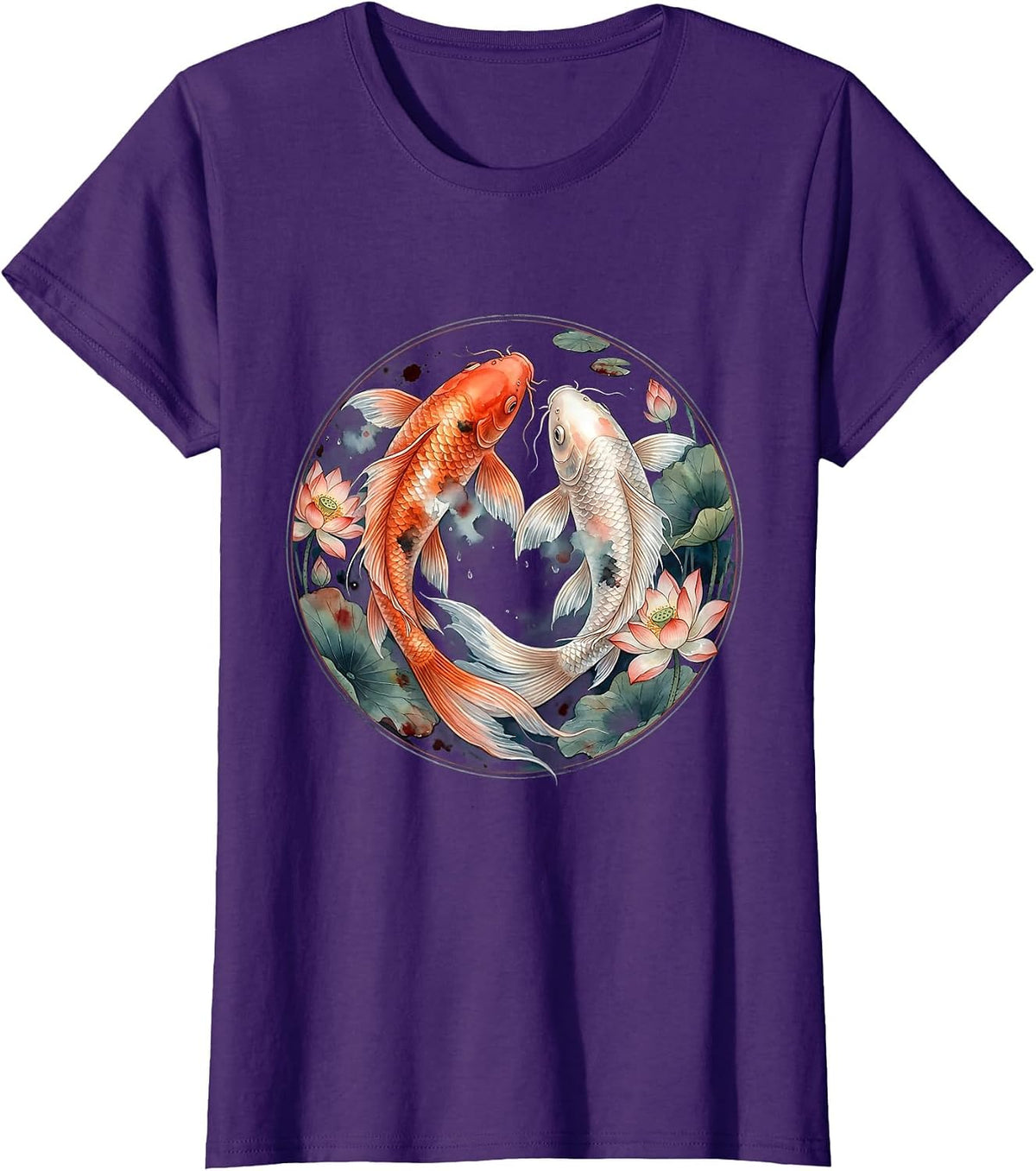 Women's Koi Fish Yin Yang Circle Illustration T-Shirt - Purple