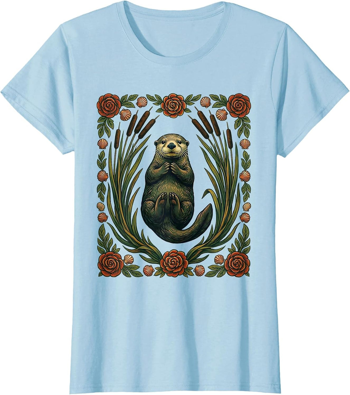 Women's Sea Otter Folk Art Floral Otter Lover Gift T-Shirt - Baby Blue