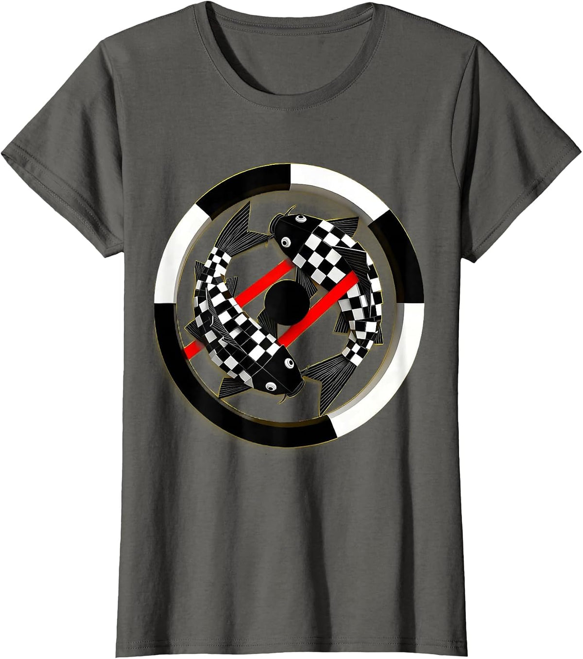 Women's Black and White Checkered Koi Fish Design T-Shirt - Asphalt Grey