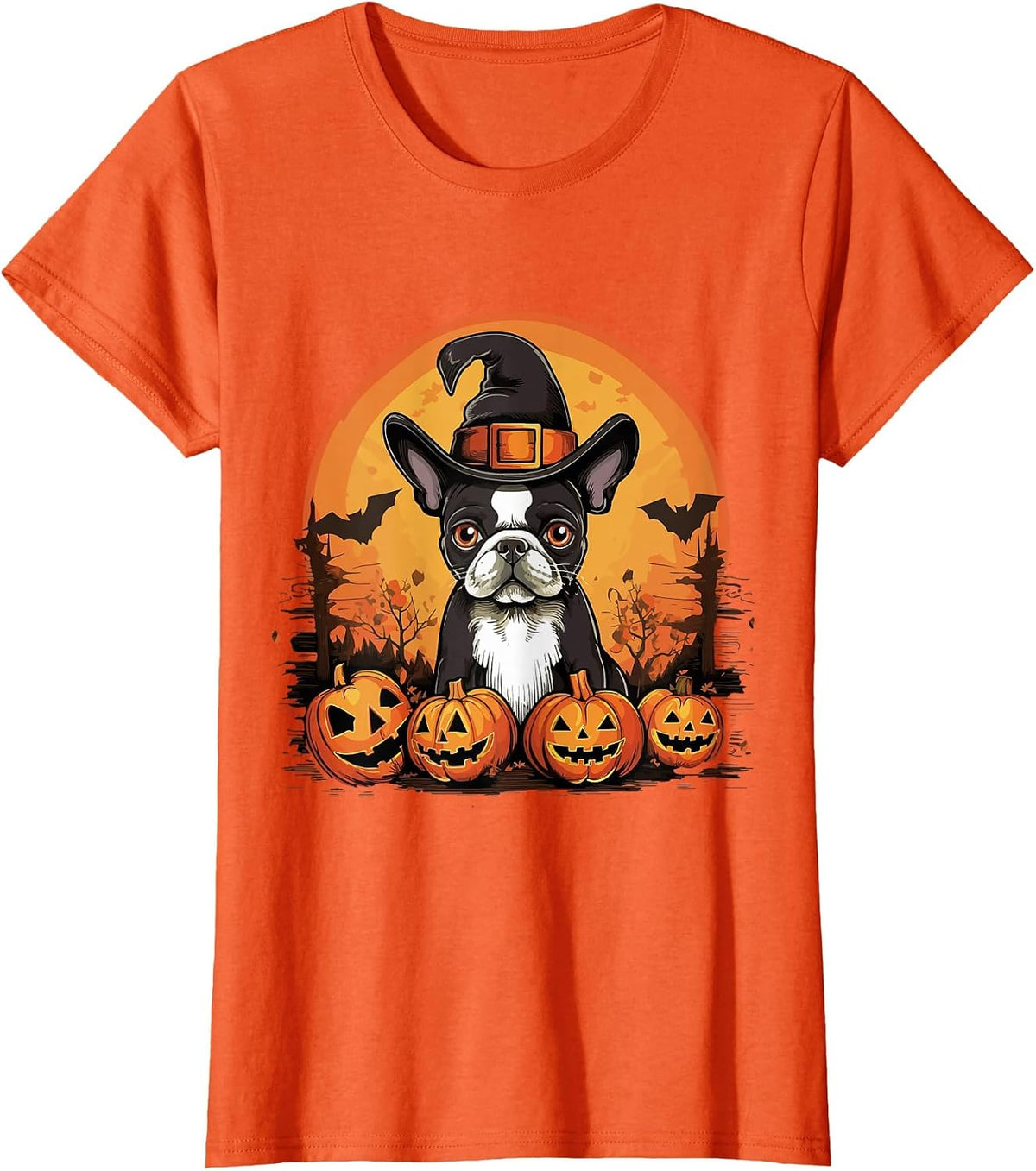 Boston Terrier Bostie Dog Breed Pet Halloween Pumpkins T-Shirt - Orange