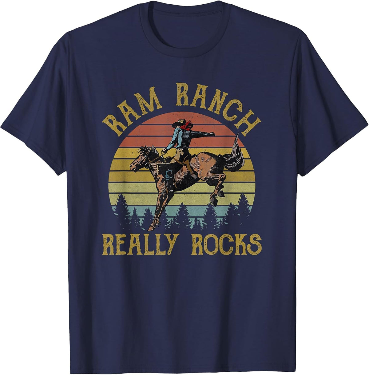 Ram Ranch Really Rocks Cowboy Riding Horse Western Country T-Shirt - Navy Blue