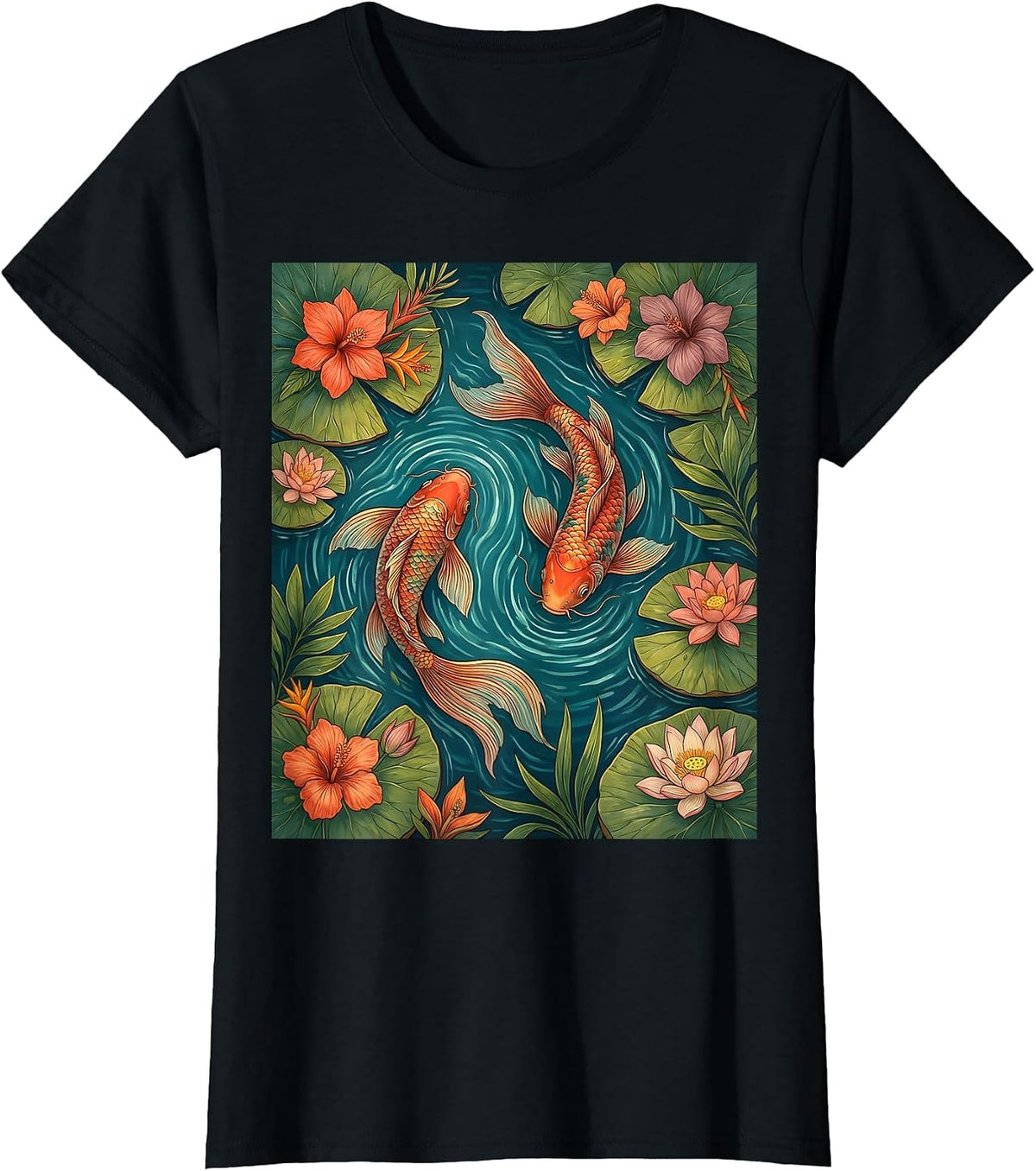 Colorful Koi Fish Lily Pad Hawaiian Design T-Shirt - Black