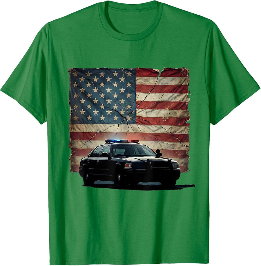 Men's Police Patrol Car Flashing Lights Night Scene T-Shirt - Kelly Green
