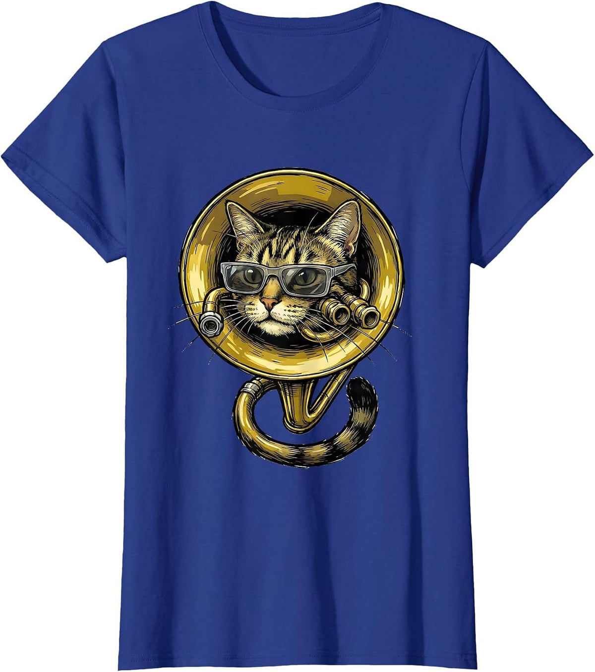 Women's Trumpet Cat With Sunglasses Funny Musician Humor T-Shirt - Royal Blue