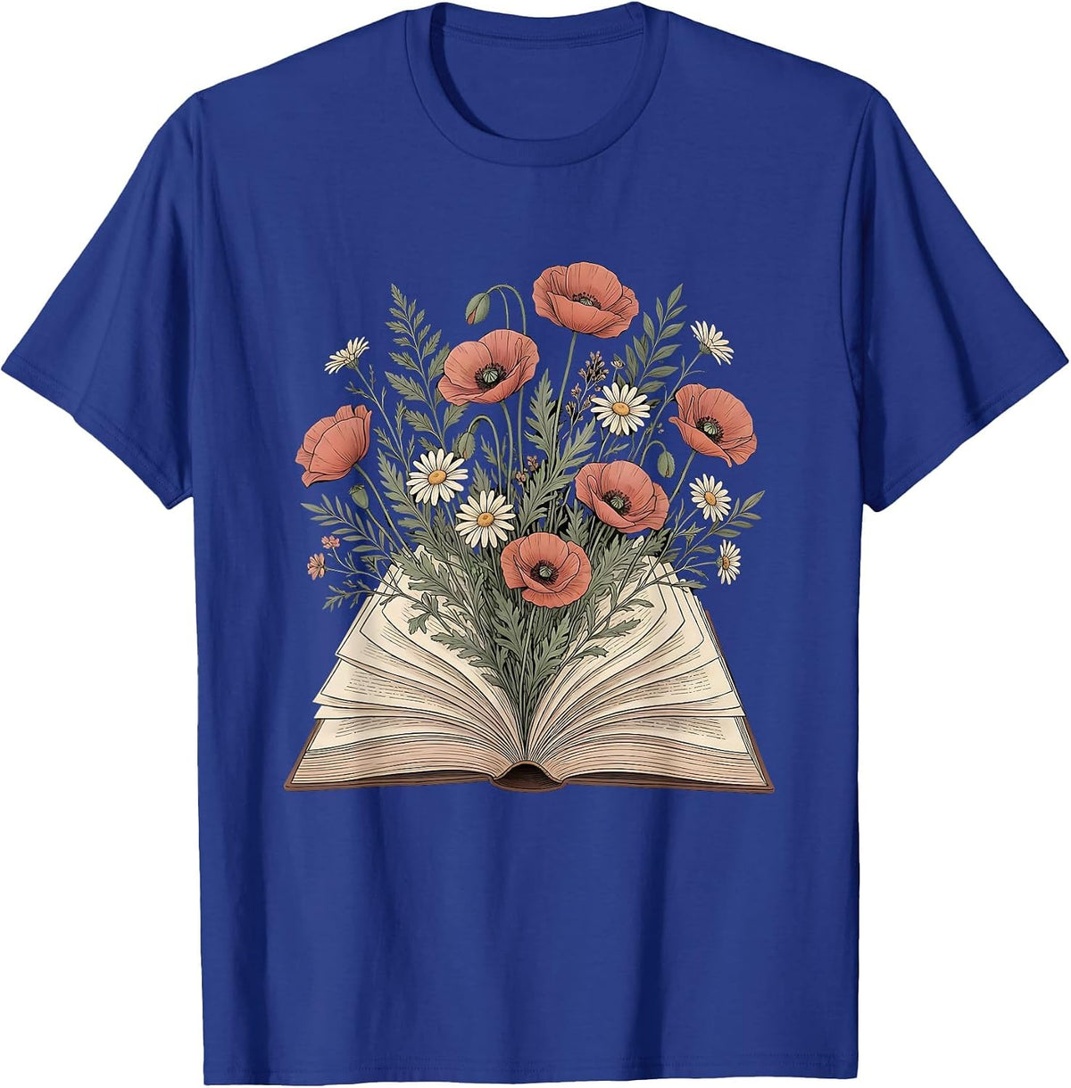 Floral Open Book Blooming Pages Illustration T-Shirt - Royal Blue