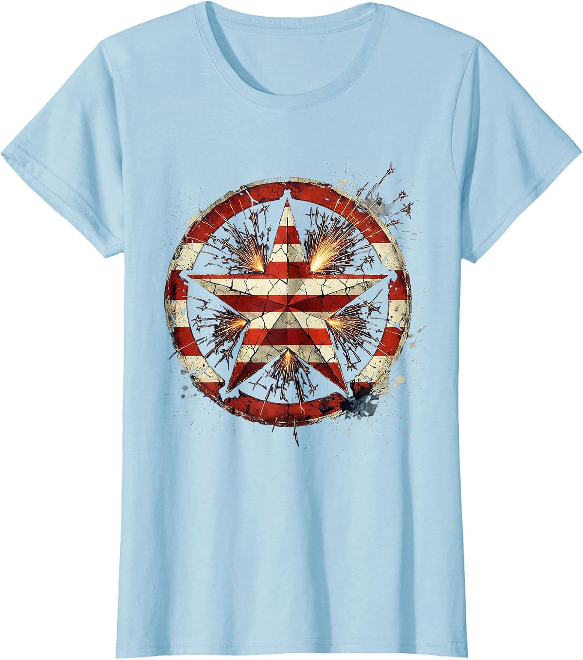Women's Stars and Stripes Patriotic Fireworks Star Burst T-Shirt - Baby Blue