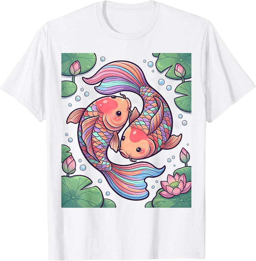 Men's Rainbow Koi Fish Pond Illustration T-Shirt - White