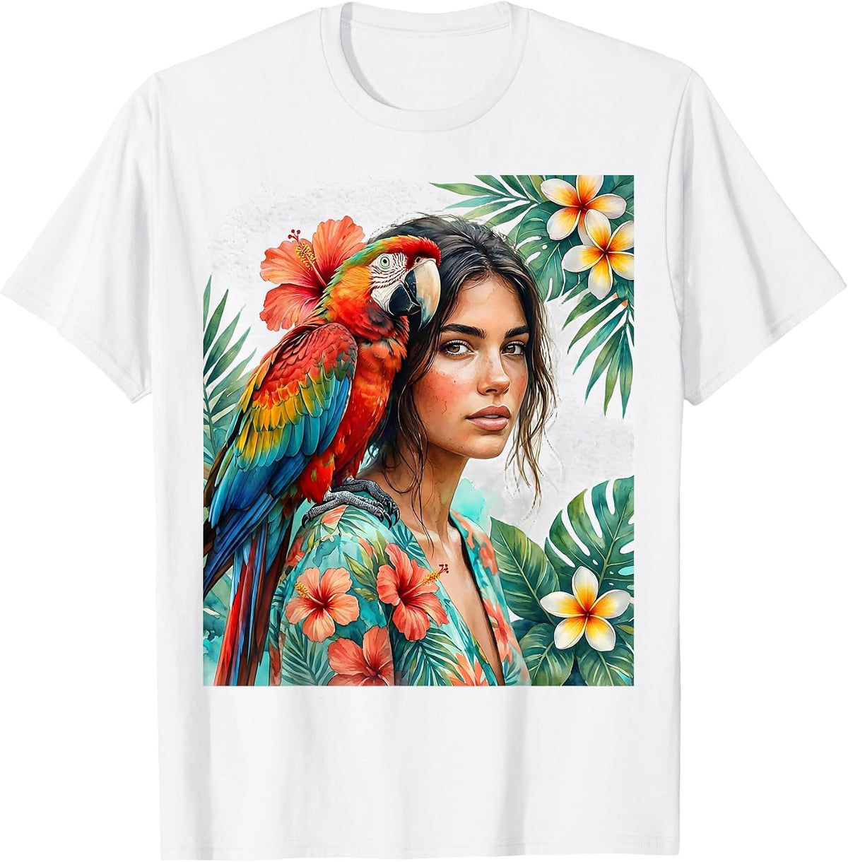 Men's Girl With Parrot Hawaiian Tropical Illustration T-Shirt - White
