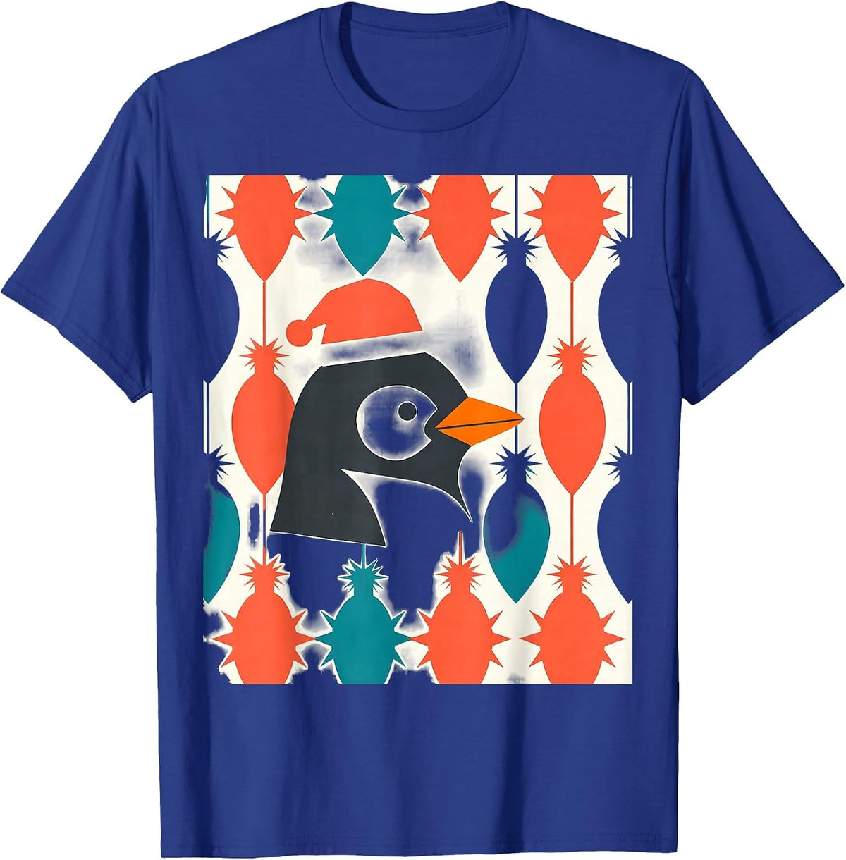 Men's Penguin Santa Hat Midcentury Modern Christmas Animal Lover T-Shirt - Royal Blue