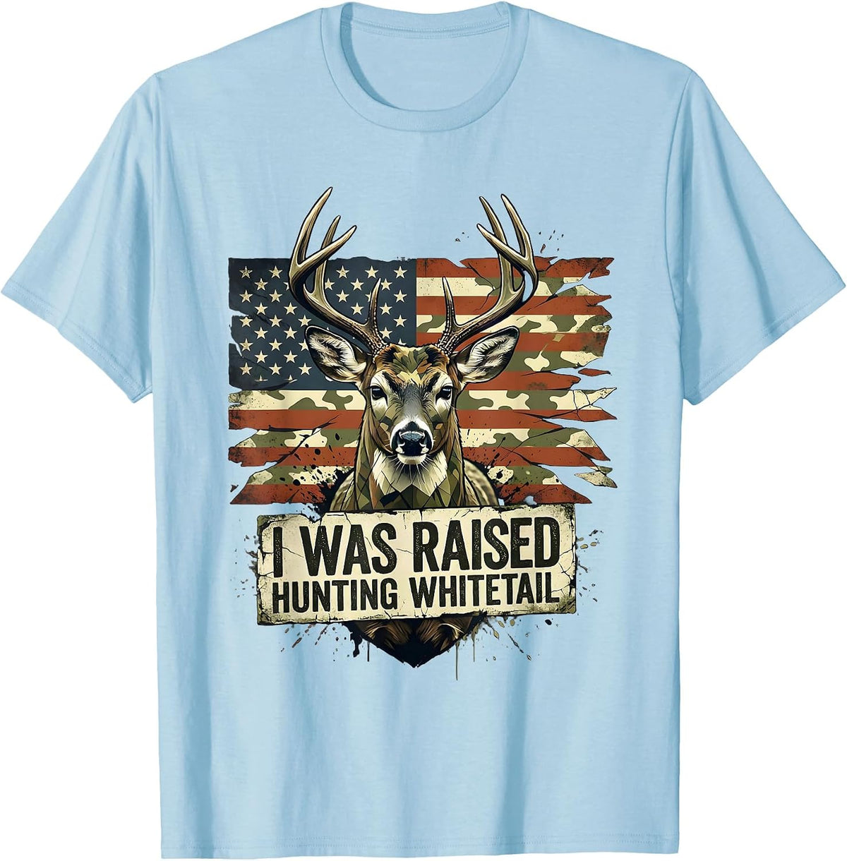 Men's I Was Raised Hunting Whitetail Distressed Camo Deer Hunter T-Shirt - Baby Blue