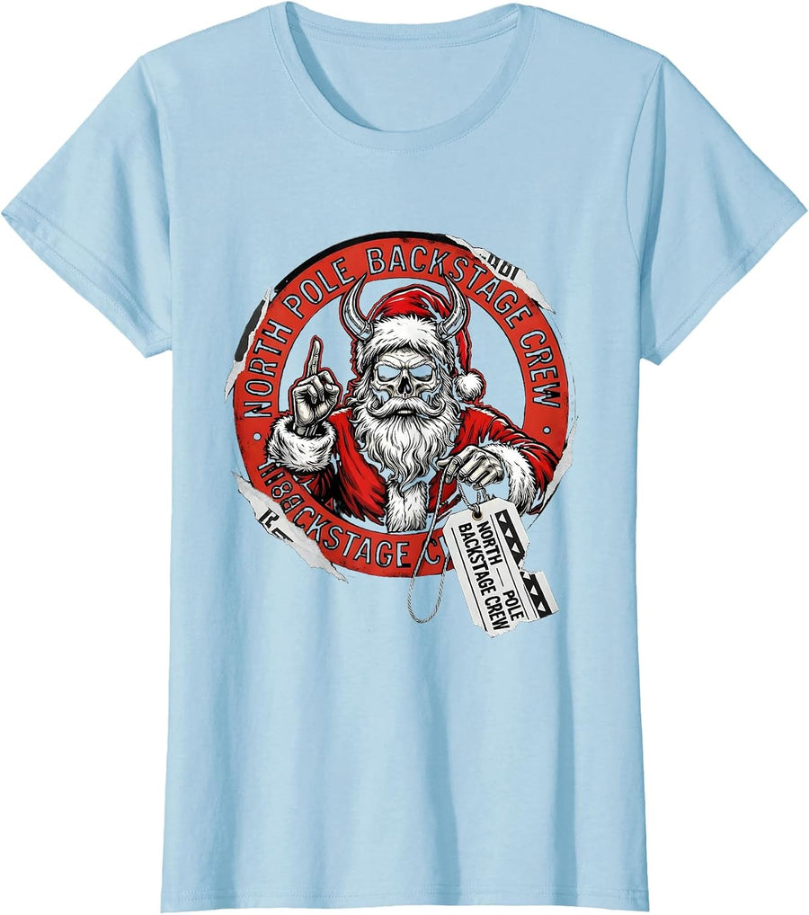 Women's North Pole Backstage Crew Punk Metal Santa Heavy Metal T-Shirt - Baby Blue
