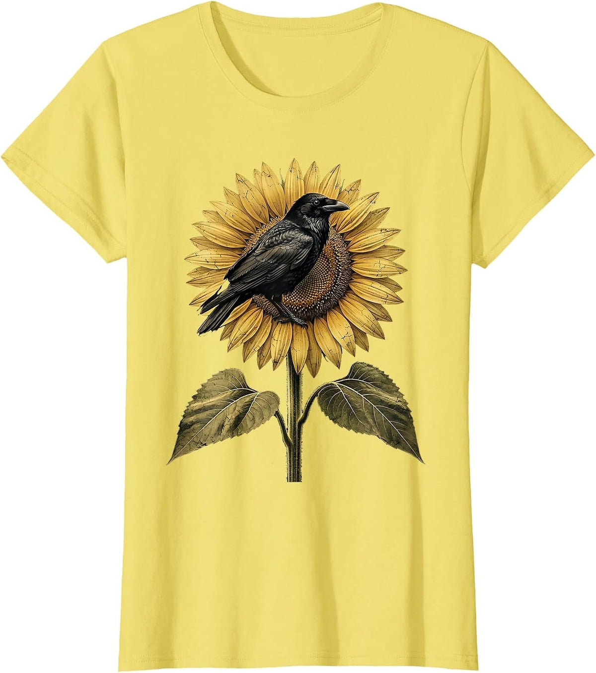 Crow Perched on Sunflower Illustration T-Shirt - Lemon Yellow