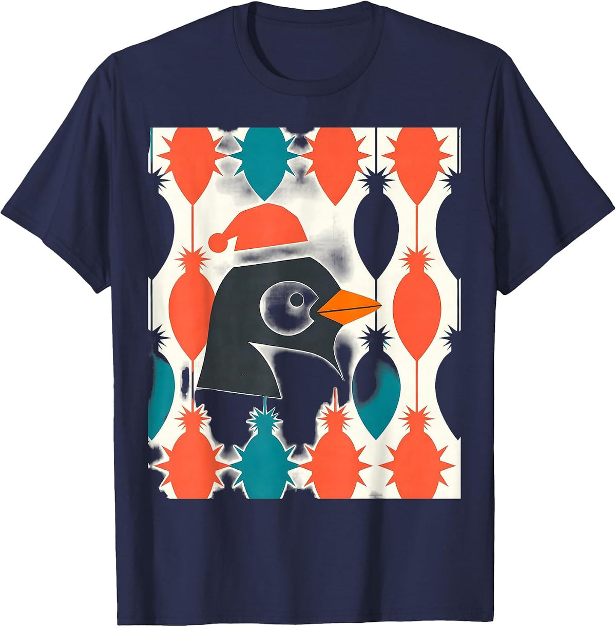 Men's Penguin Santa Hat Midcentury Modern Christmas Animal Lover T-Shirt - Navy Blue