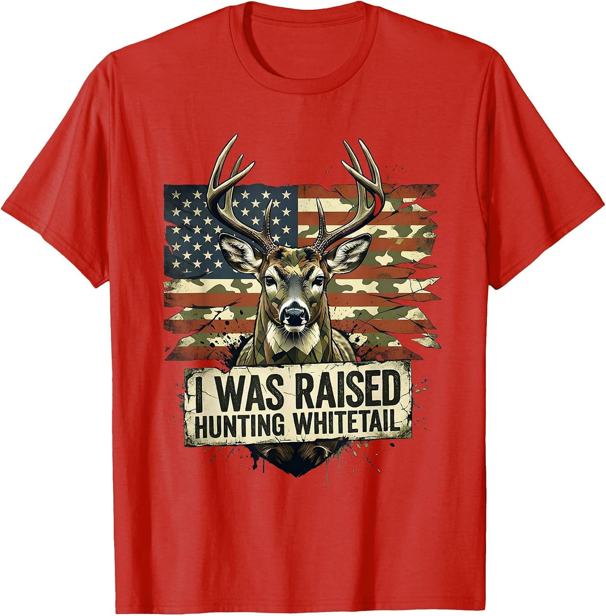Men's I Was Raised Hunting Whitetail Distressed Camo Deer Hunter T-Shirt - Red