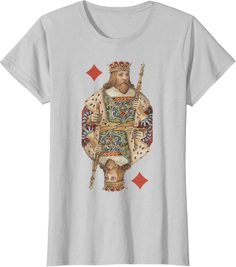 King of Diamonds Antique Art Nouveau Playing Card Art T-Shirt, Women, Silver Grey, Large - As Pictured