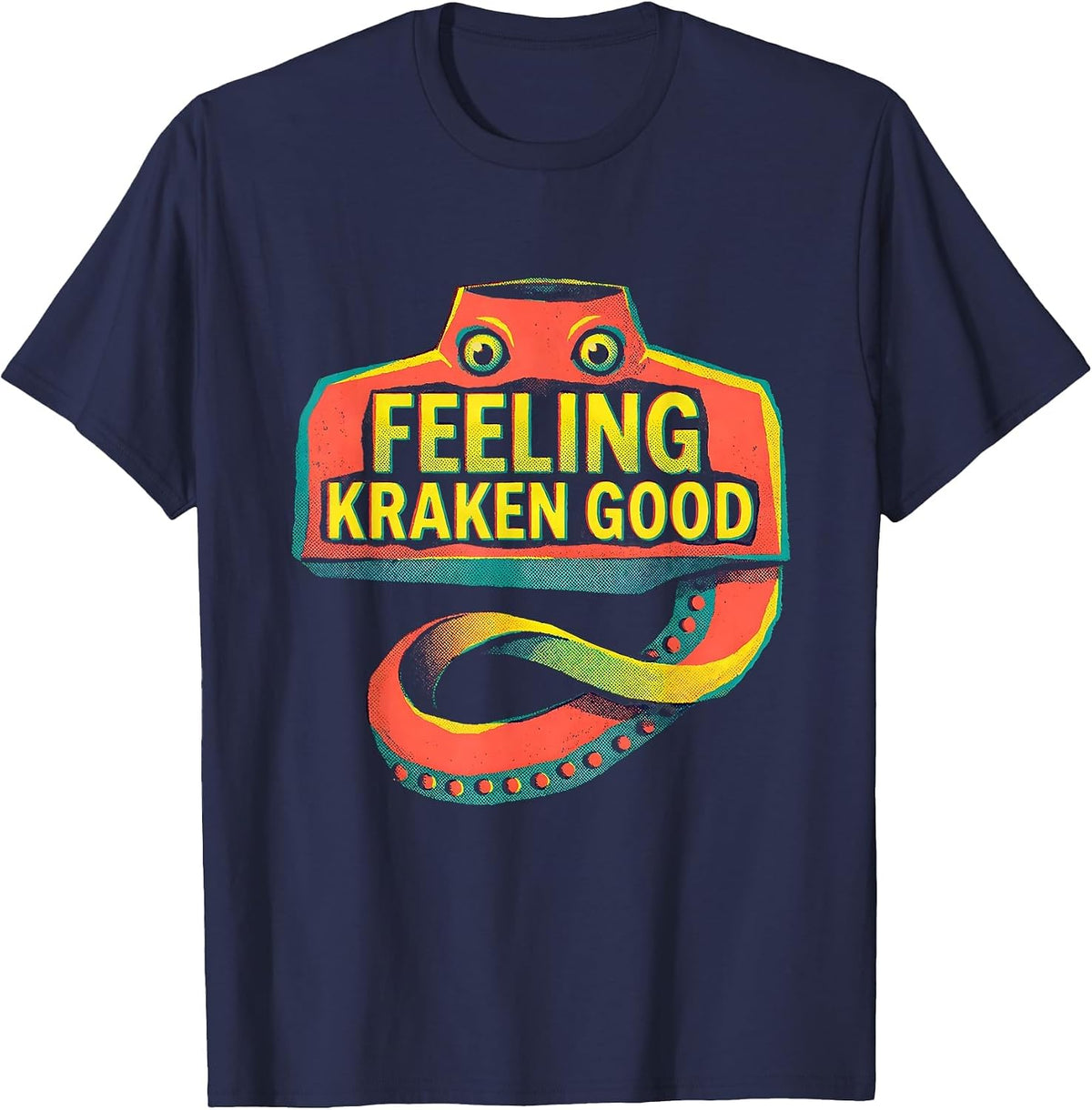 Feeling Kraken Good Risograph Octopus Lover Vintage T-Shirt - Navy Blue