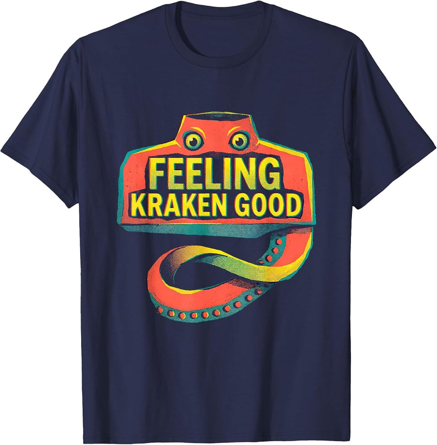 Feeling Kraken Good Risograph Octopus Lover Vintage T-Shirt - Navy Blue