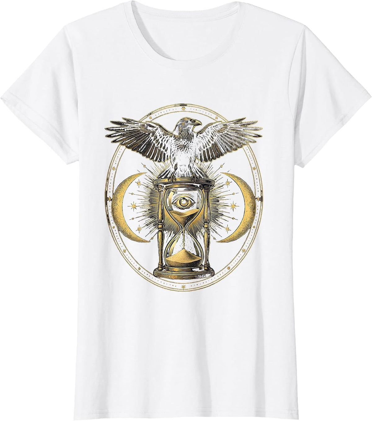 Crow on Hourglass Gothic Nature Illustration T-Shirt - White