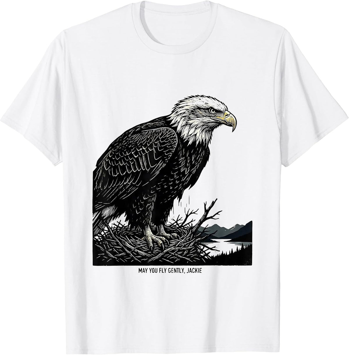 Men's May You Fly Gently, Jackie Linocut Bald Eagle Memorial T-Shirt - White