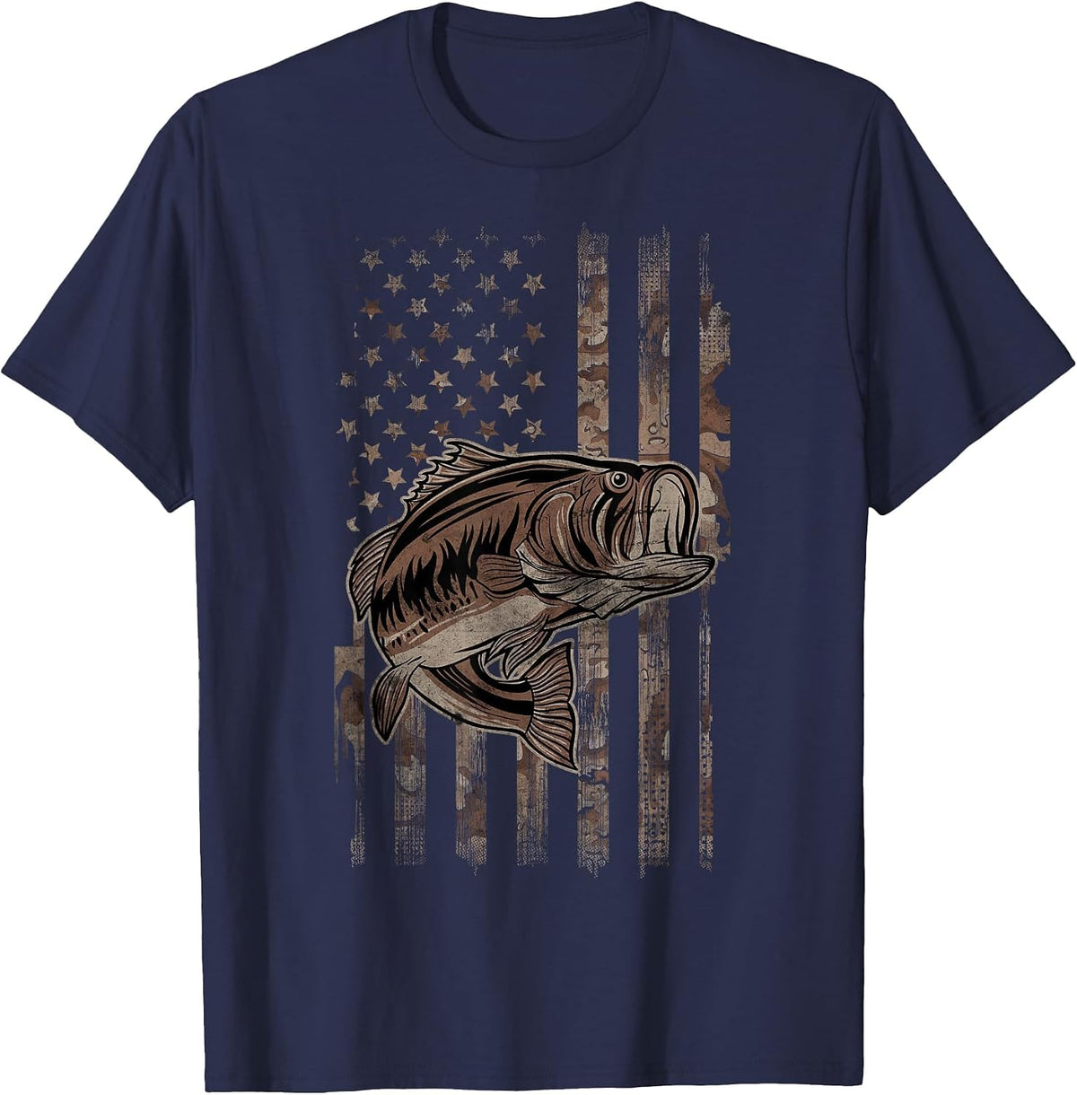 Camo American Flag Fishing - for Largemouth Bass Fisher T-Shirt - Navy Blue