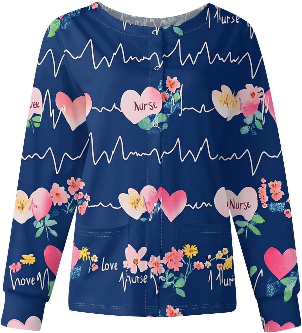 Scrub Jackets for Woman Long Sleeve Snap Front Medical Uniform Solid & Print Nurse Shirt with Pockets - 06b-blue