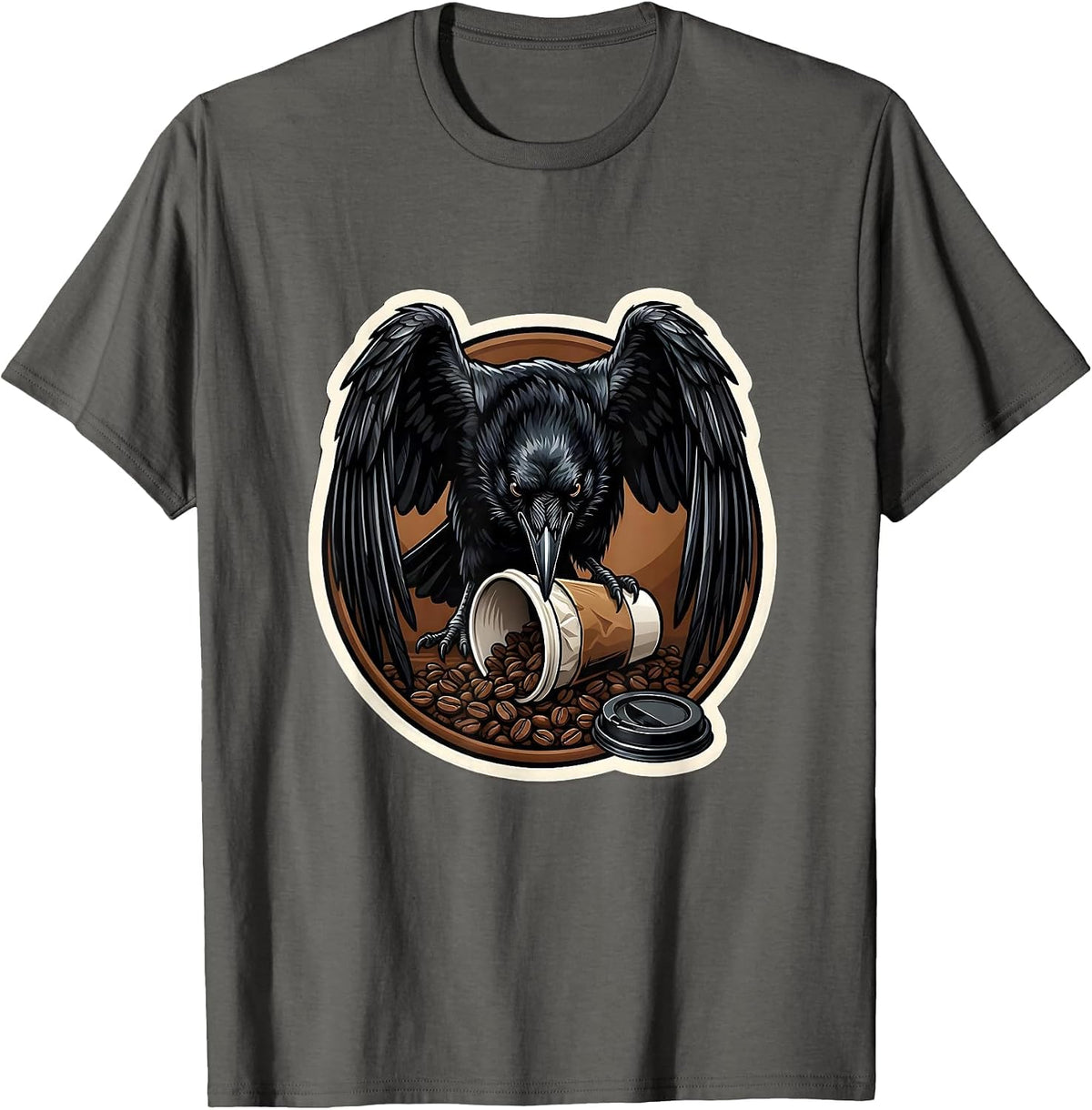 Crow Attacking Empty Coffee Cup Illustration T-Shirt - Asphalt Grey