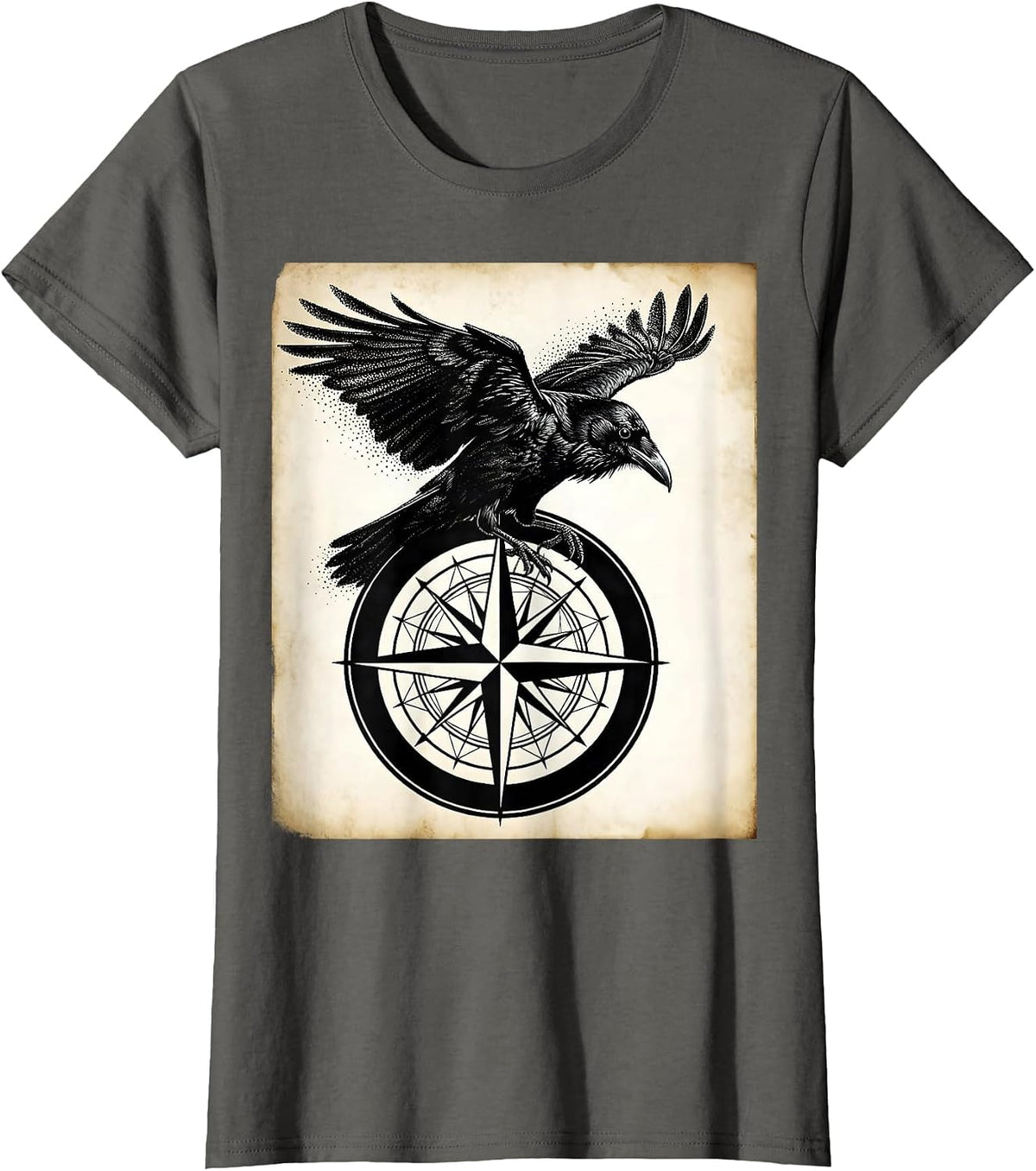 Women's Crow Perched on Vintage Compass Rose T-Shirt - Asphalt Grey