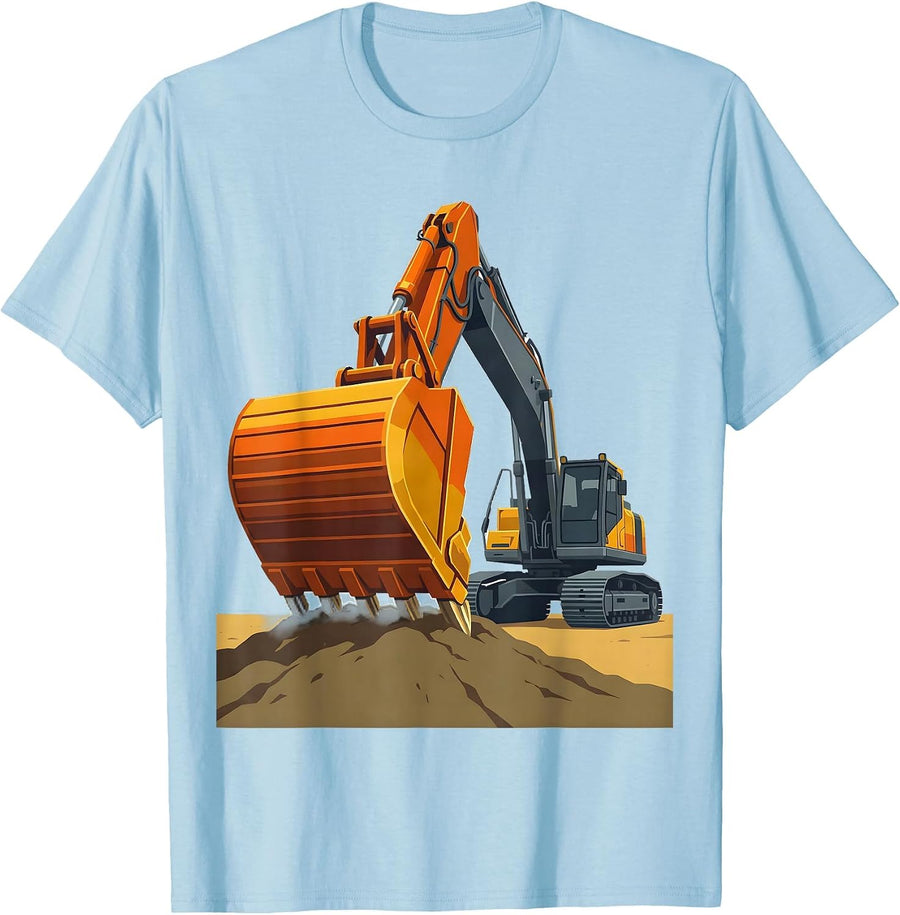 Men's Excavator Boom Flat Vector Funny Construction Worker T-Shirt - Baby Blue
