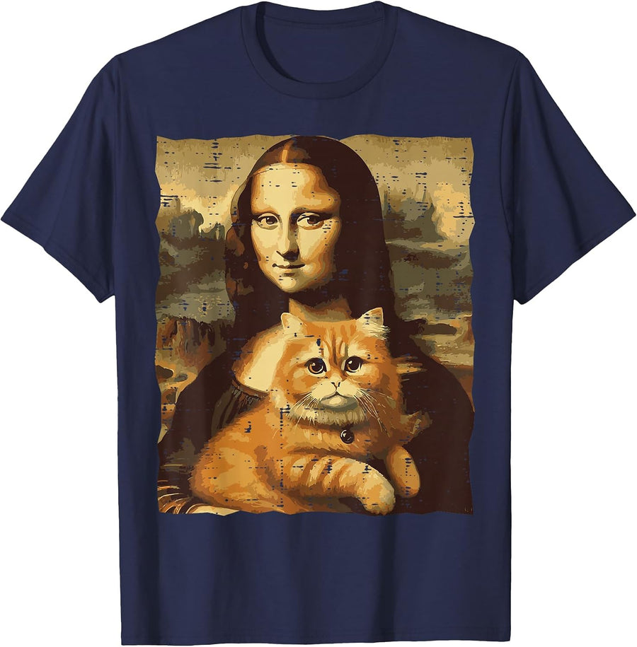 Mona Lisa Orange Cat Funny Ginger Painting Women Men Kids T-Shirt - Navy Blue