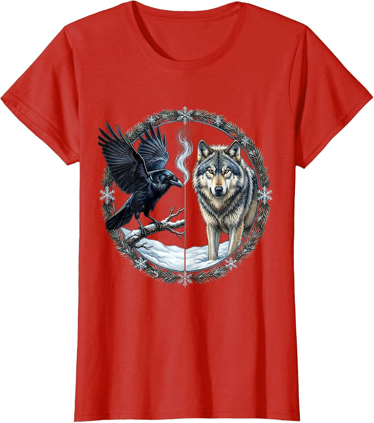 Crow and Wolf Eye to Eye in Snow Illustration T-Shirt - Red