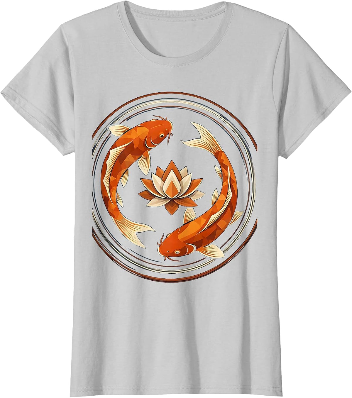Koi Fish and Lotus Flower Swirl Design T-Shirt - Silver Grey
