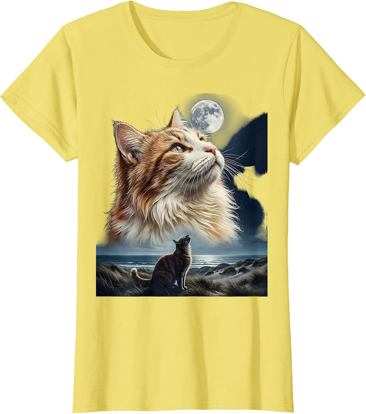 White and Ginger Cat Howling at Moon 90's Retro T-Shirt - Lemon Yellow