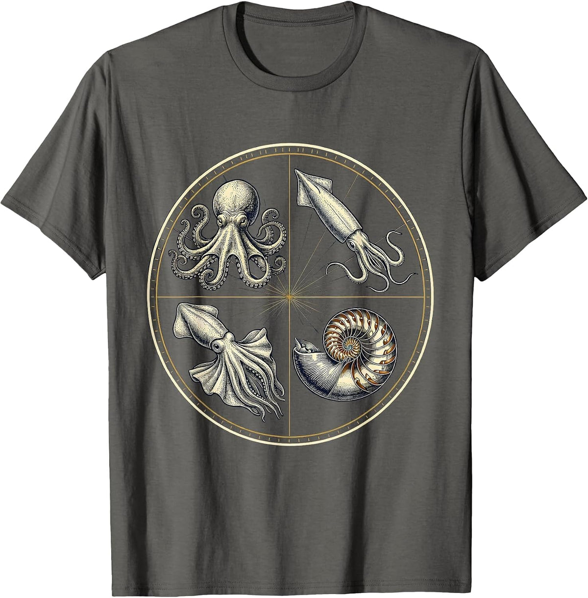 Cephalopod Emblem Octopus Squid Cuttlefish Nautilus T-Shirt - Asphalt Grey