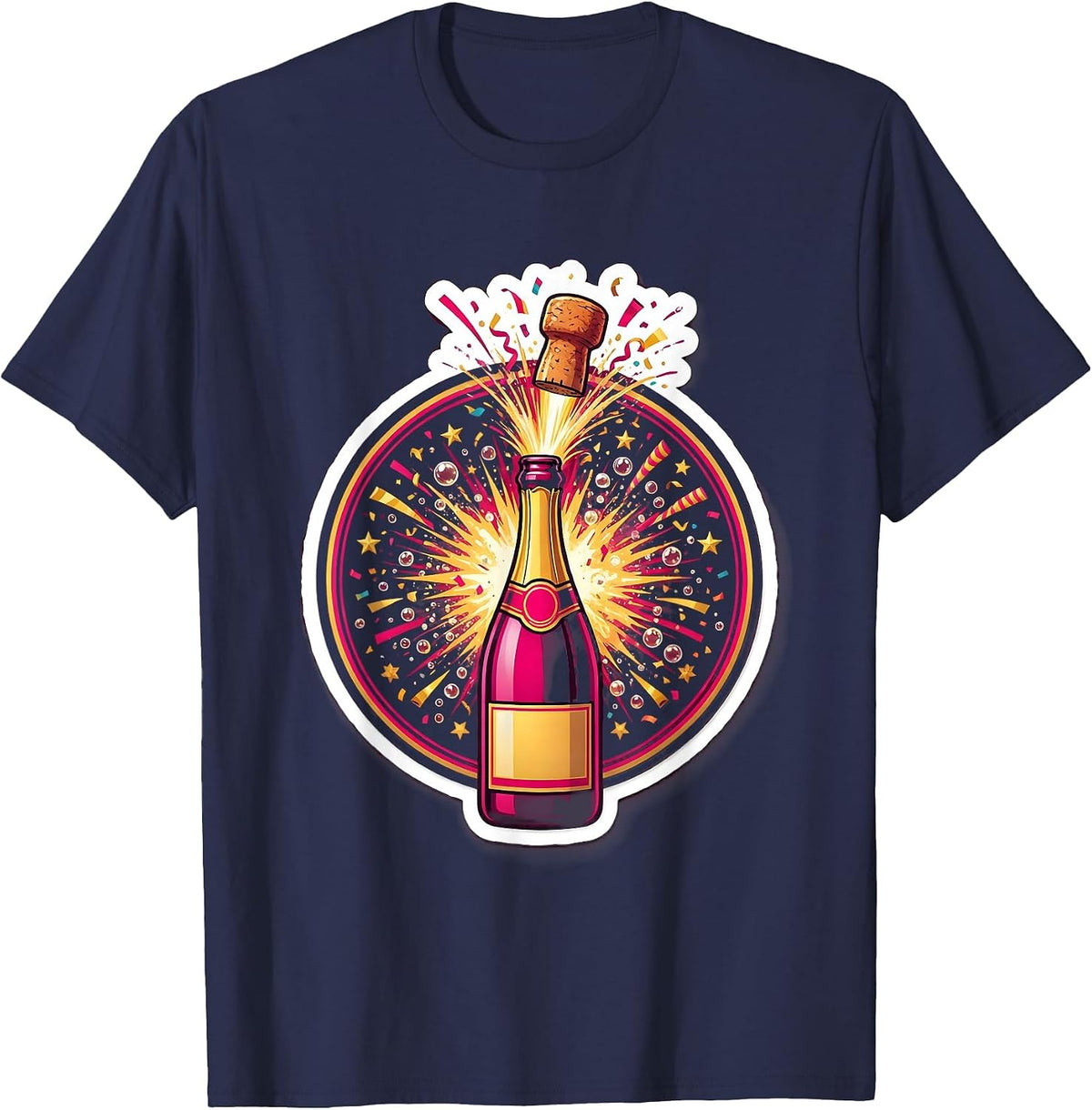 Champagne Pop Confetti Burst Celebration Graphic T-Shirt - Navy Blue