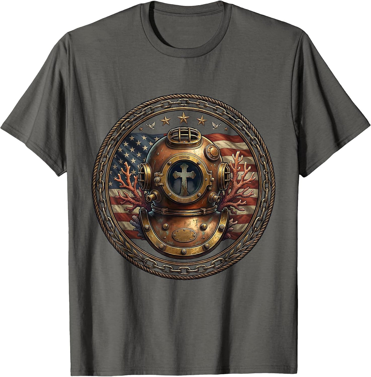 Red White and Blue Diving Helmet Coral Stars T-Shirt - Asphalt Grey