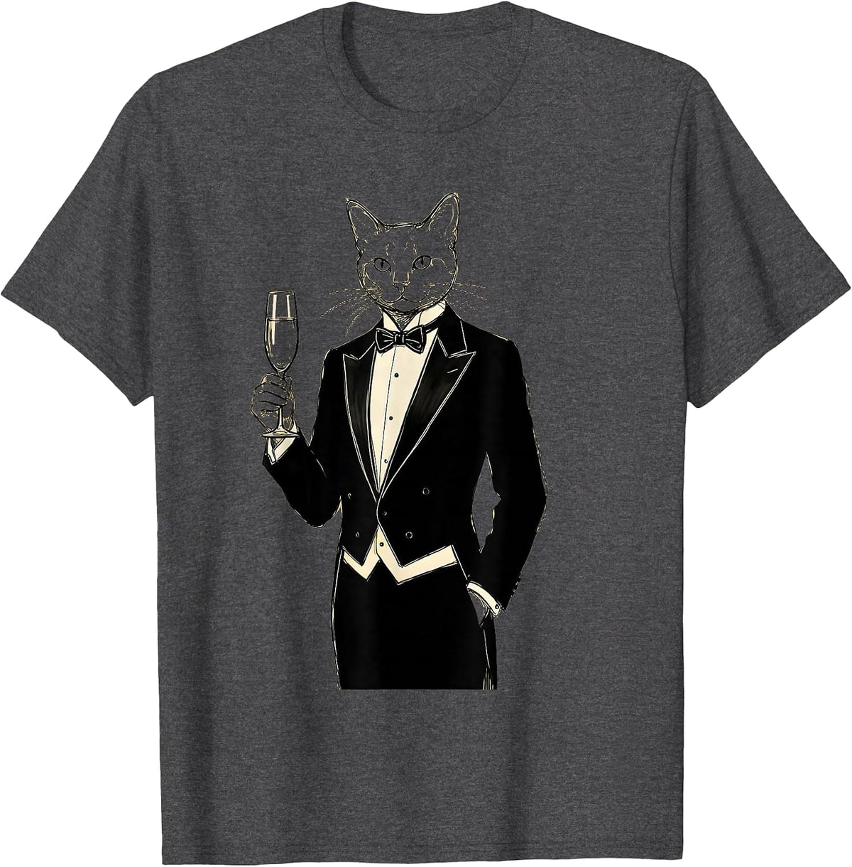 Fancy Cat in Tuxedo with Champagne Glass T-Shirt - Dark Heather Grey