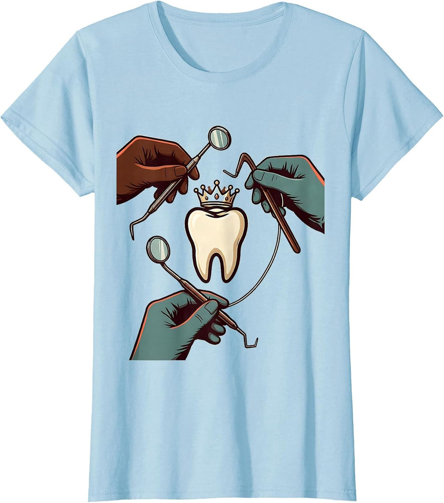 Women's Crowned Tooth Dental Squad Humor Dentist Hygienist Assistant T-Shirt - Baby Blue