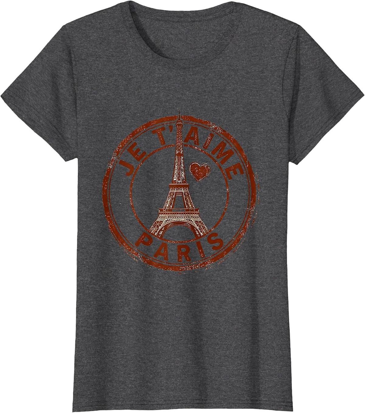 Women's Je t'aime Paris Rubber Stamp Eiffel Tower Travel Souvenir T-Shirt - Dark Heather Grey