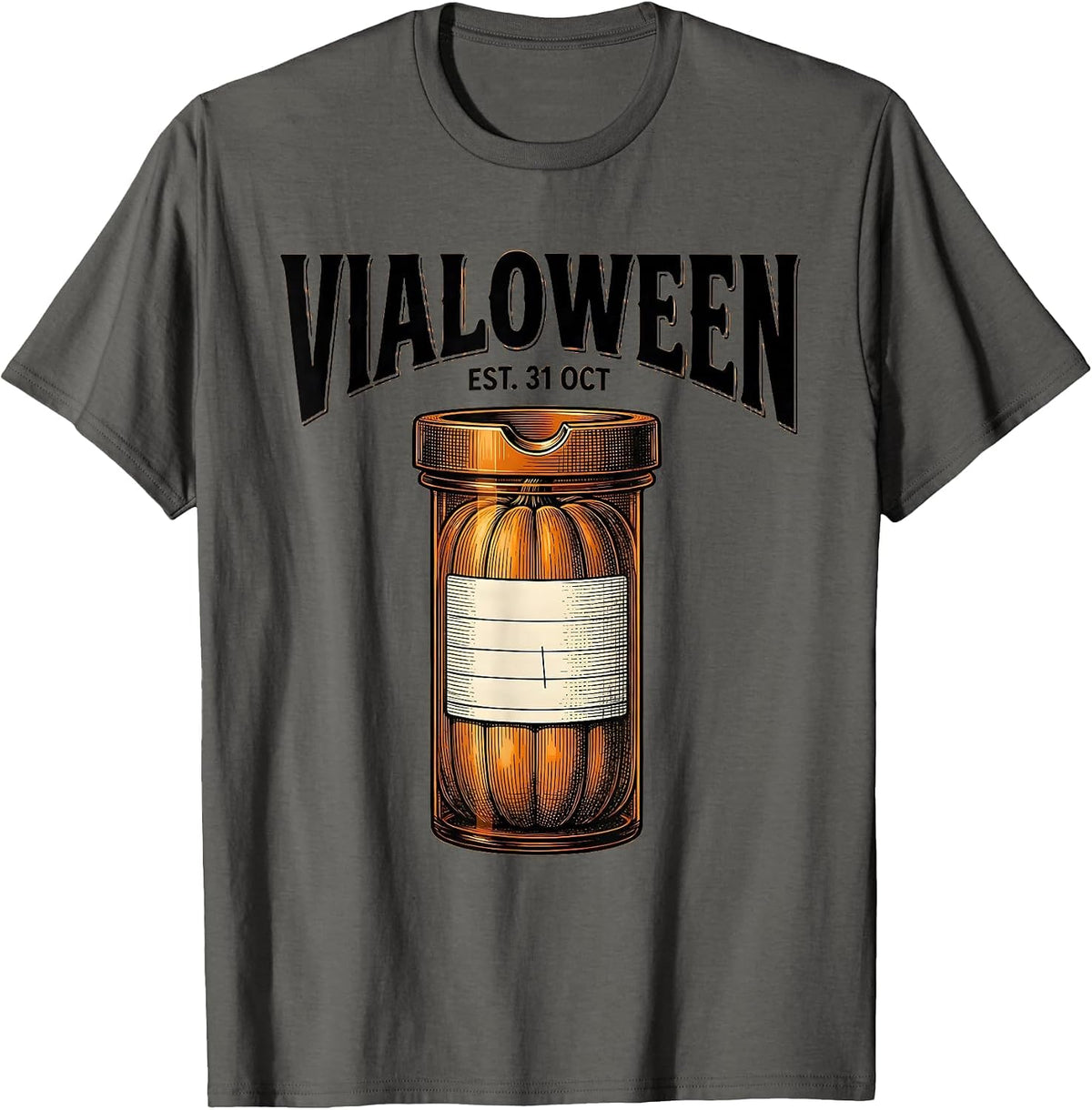 Men's Vialoween Crosshatch Etching Funny Pharmacy Halloween T-Shirt - Asphalt Grey