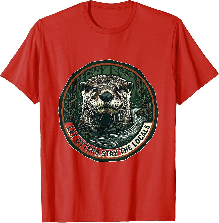 Men's Let Otters Stay The Locals Linocut Nature Lover Wildlife T-Shirt - Red