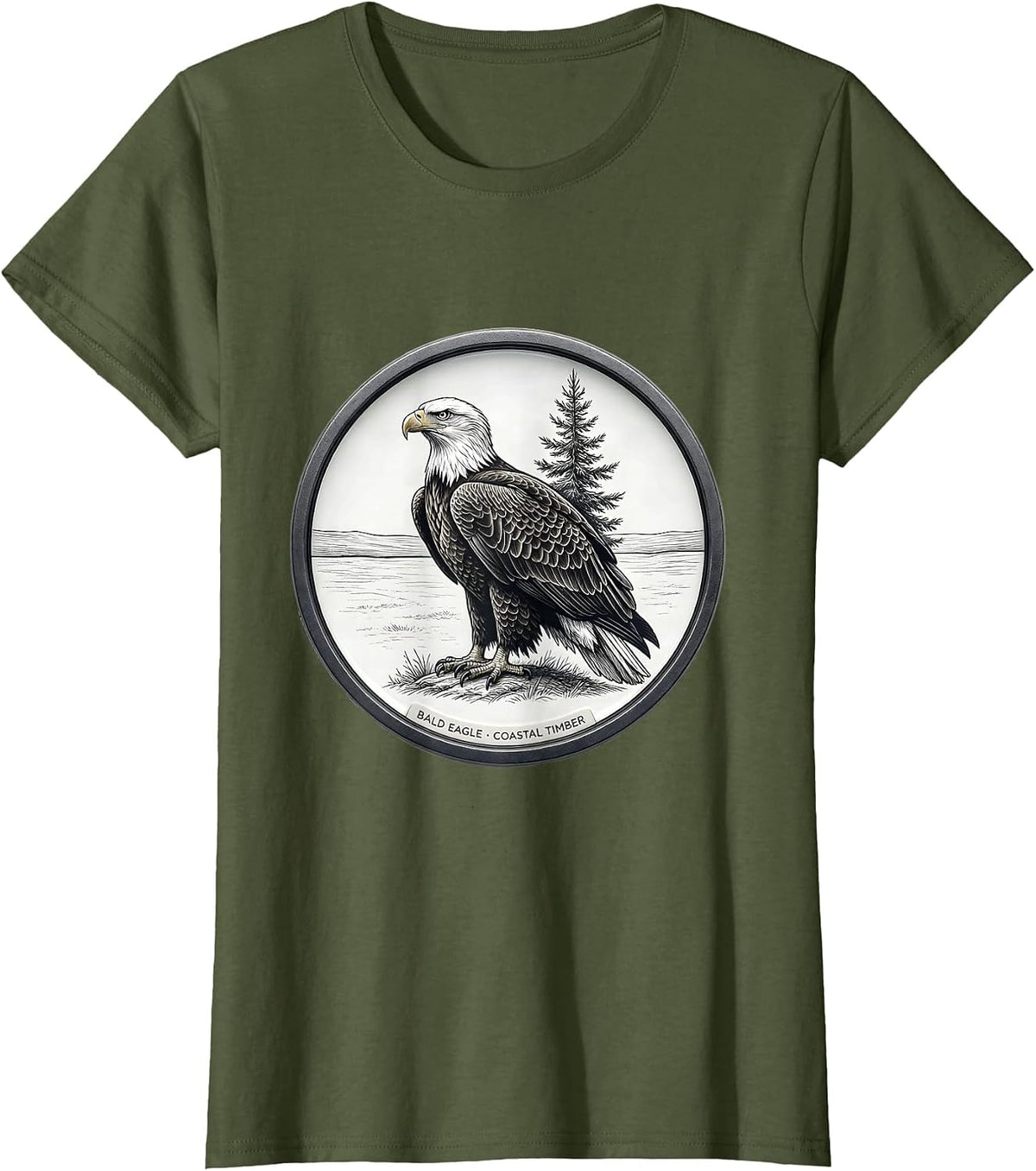 Women's Bald Eagle Coastal Timber Minimalist Wildlife Portrait Art T-Shirt - Olive Green