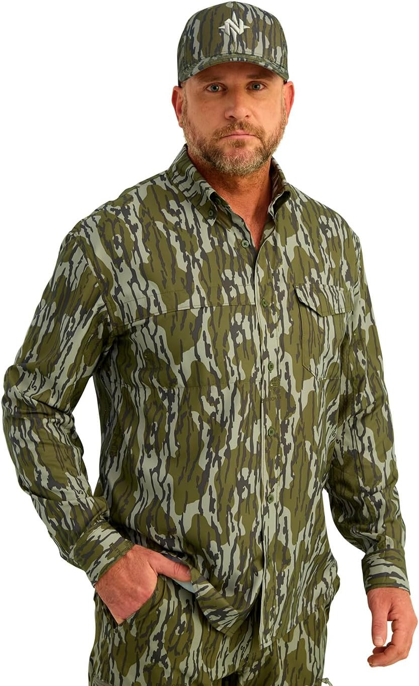 Nomad Men's Ambush Long Sleeve Button Down Camo Hunting Shirt, Mossy Oak Bottomland, X-Large - As Pictured