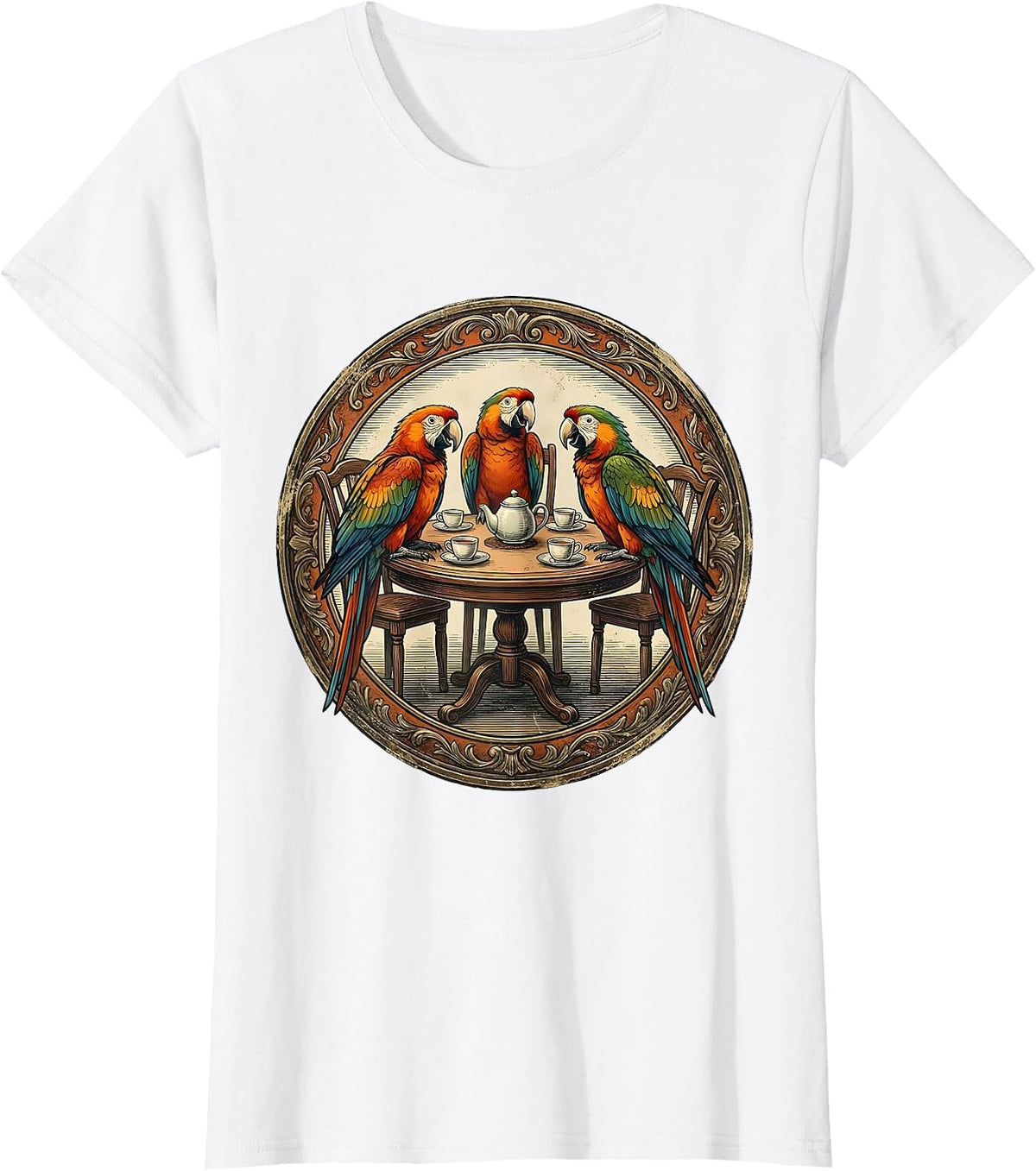 Chatty Parrots Tea Party Illustration T-Shirt - White